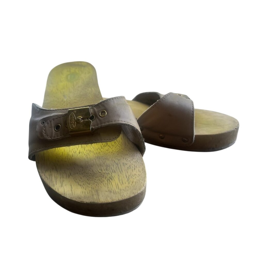 Dr. Scholl's Tan Leather Exercise Wooden Sandal VINTAGE - Picture 4 of 4